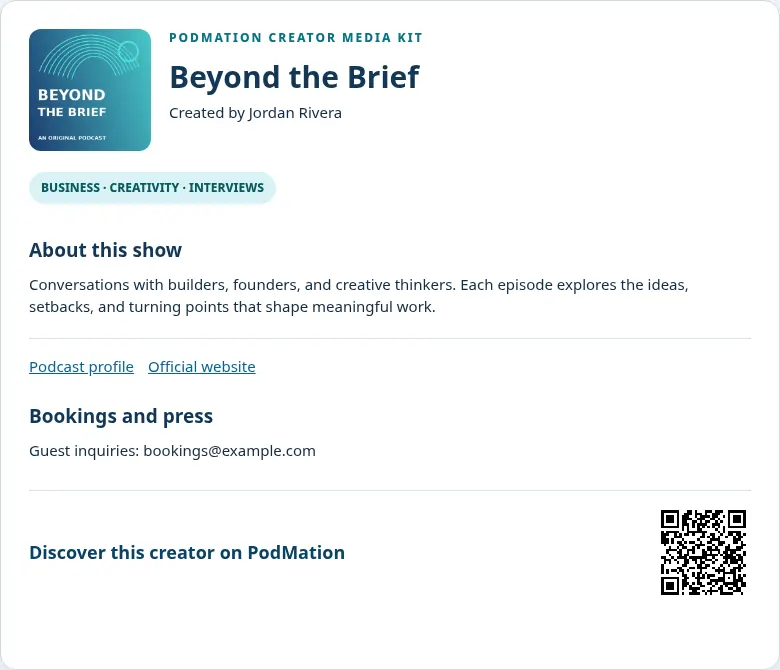 Illustrative PodMation media kit for Beyond the Brief: creator branding, show description, contact links and QR code
