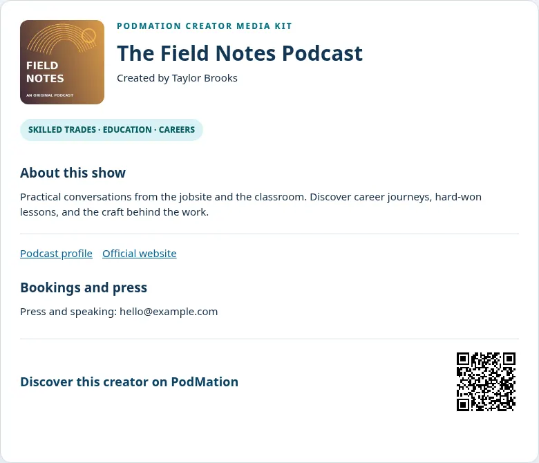 Illustrative PodMation media kit for The Field Notes Podcast: creator branding, show description, contact links and QR code