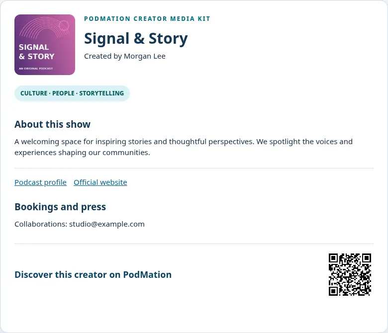 Illustrative PodMation media kit for Signal & Story: creator branding, show description, contact links and QR code